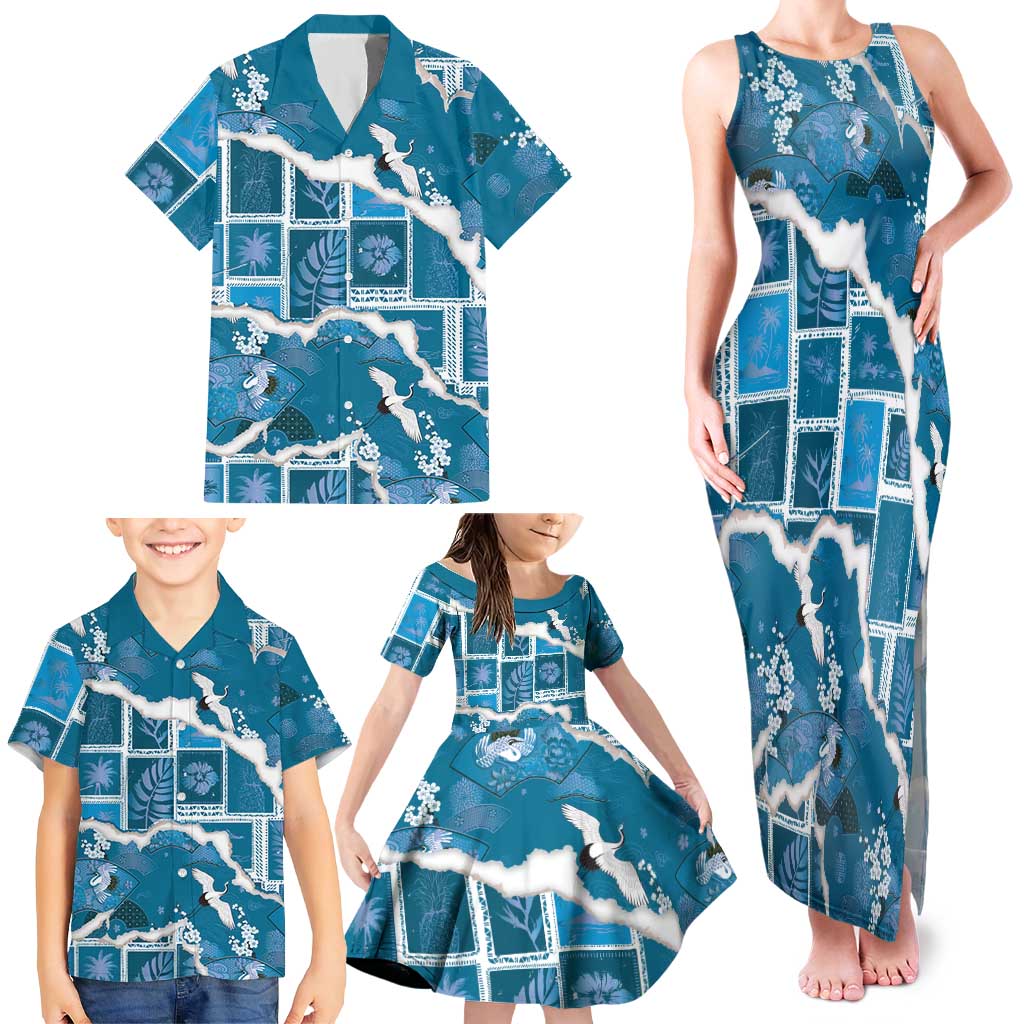 Hawaii Japanese Culture Blue Family Matching Tank Maxi Dress and Hawaiian Shirt Spring Cranes Aloha Pattern