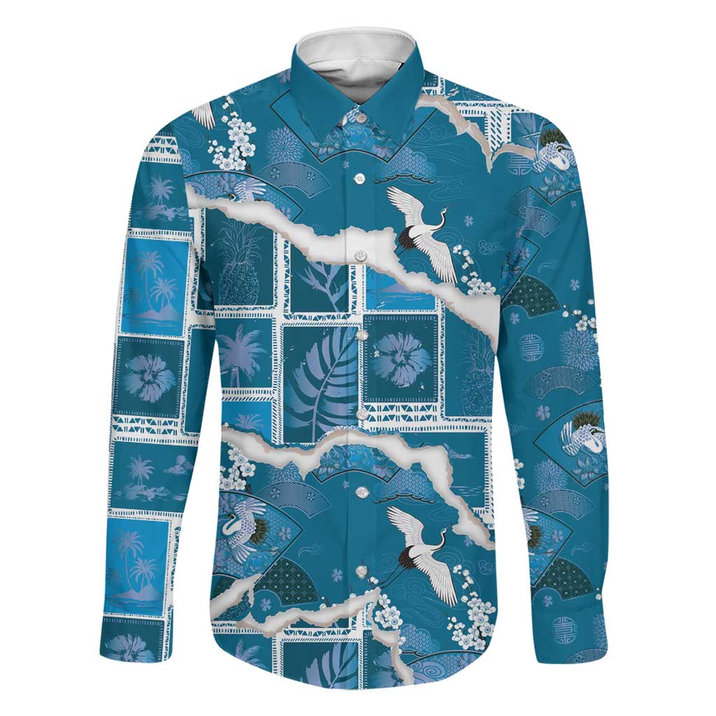 Hawaii Japanese Culture Blue Family Matching Tank Maxi Dress and Hawaiian Shirt Spring Cranes Aloha Pattern LT01 Dad's Shirt - Long Sleeve Blue - Polynesian Pride