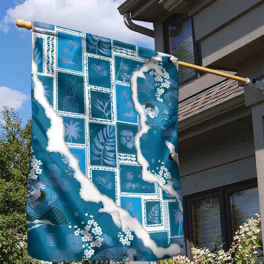 Hawaii Japanese Culture Blue Garden Flag Spring Cranes Aloha Pattern