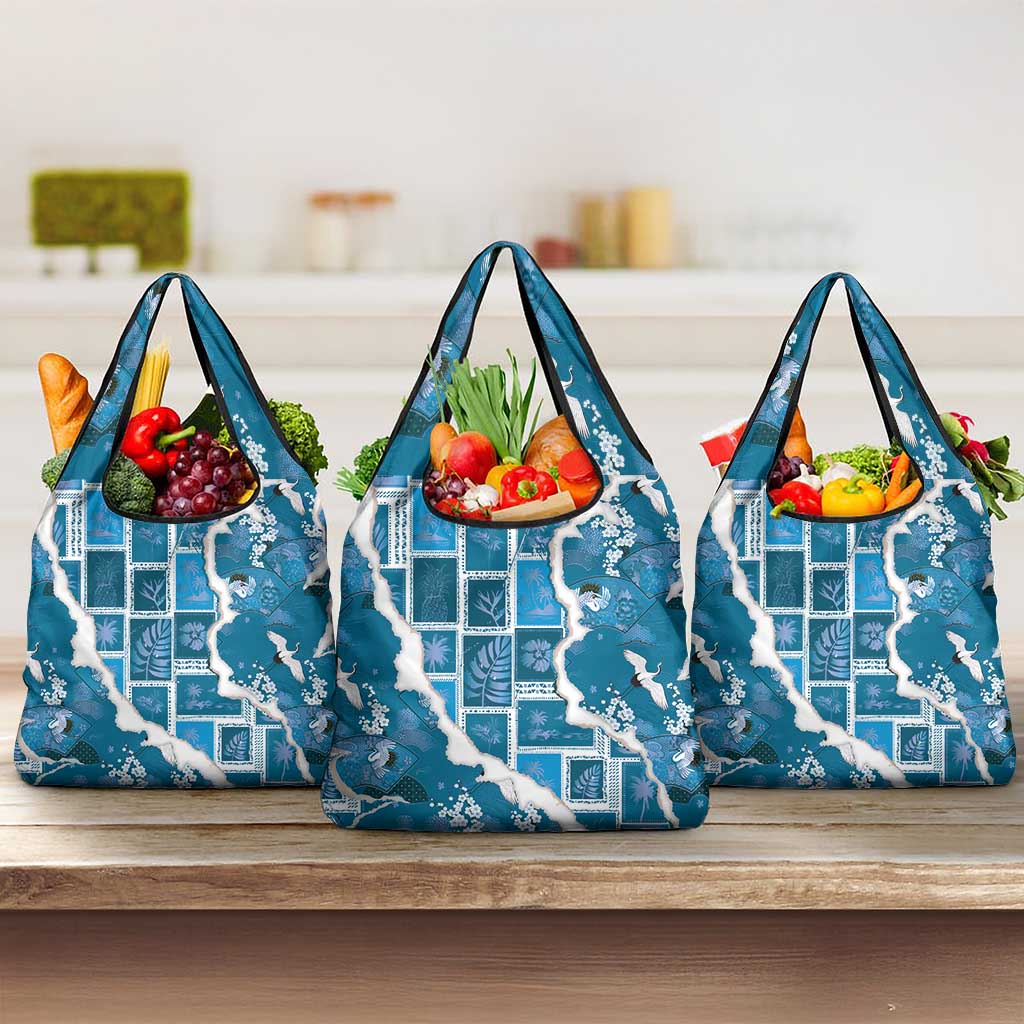 Hawaii Japanese Culture Blue Grocery Bag Spring Cranes Aloha Pattern