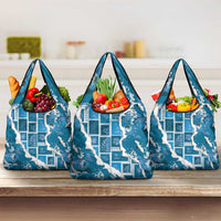 Hawaii Japanese Culture Blue Grocery Bag Spring Cranes Aloha Pattern
