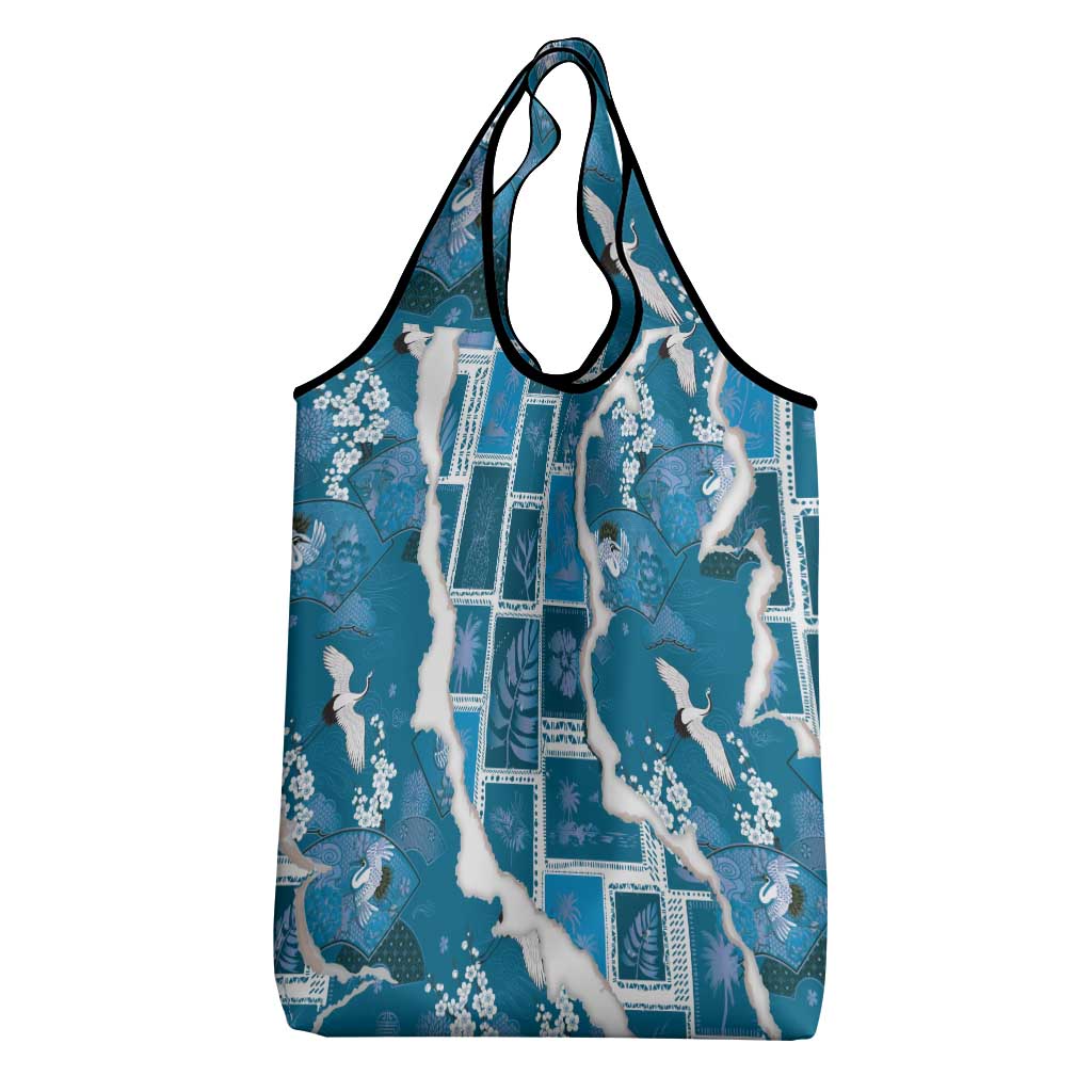 Hawaii Japanese Culture Blue Grocery Bag Spring Cranes Aloha Pattern