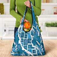 Hawaii Japanese Culture Blue Grocery Bag Spring Cranes Aloha Pattern