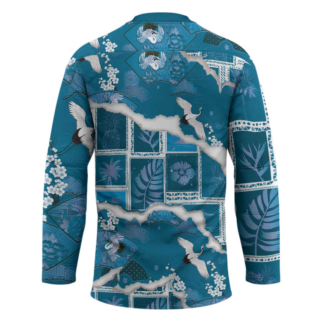 Hawaii Japanese Culture Blue Hockey Jersey Spring Cranes Aloha Pattern