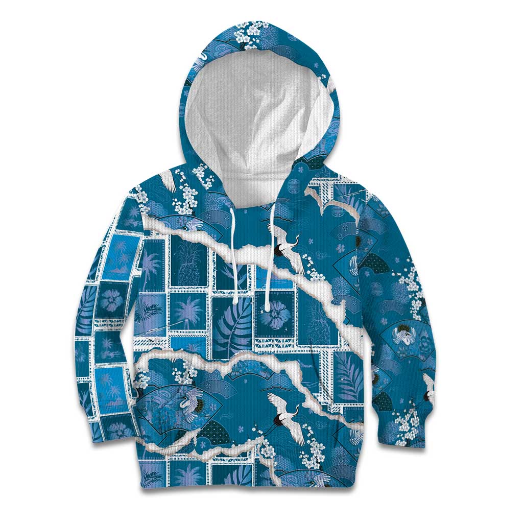 Hawaii Japanese Culture Blue Kid Hoodie Spring Cranes Aloha Pattern