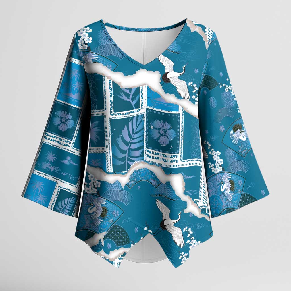 Hawaii Japanese Culture Blue Kimono Sleeve Blouse Spring Cranes Aloha Pattern LT01 Female Blue - Polynesian Pride