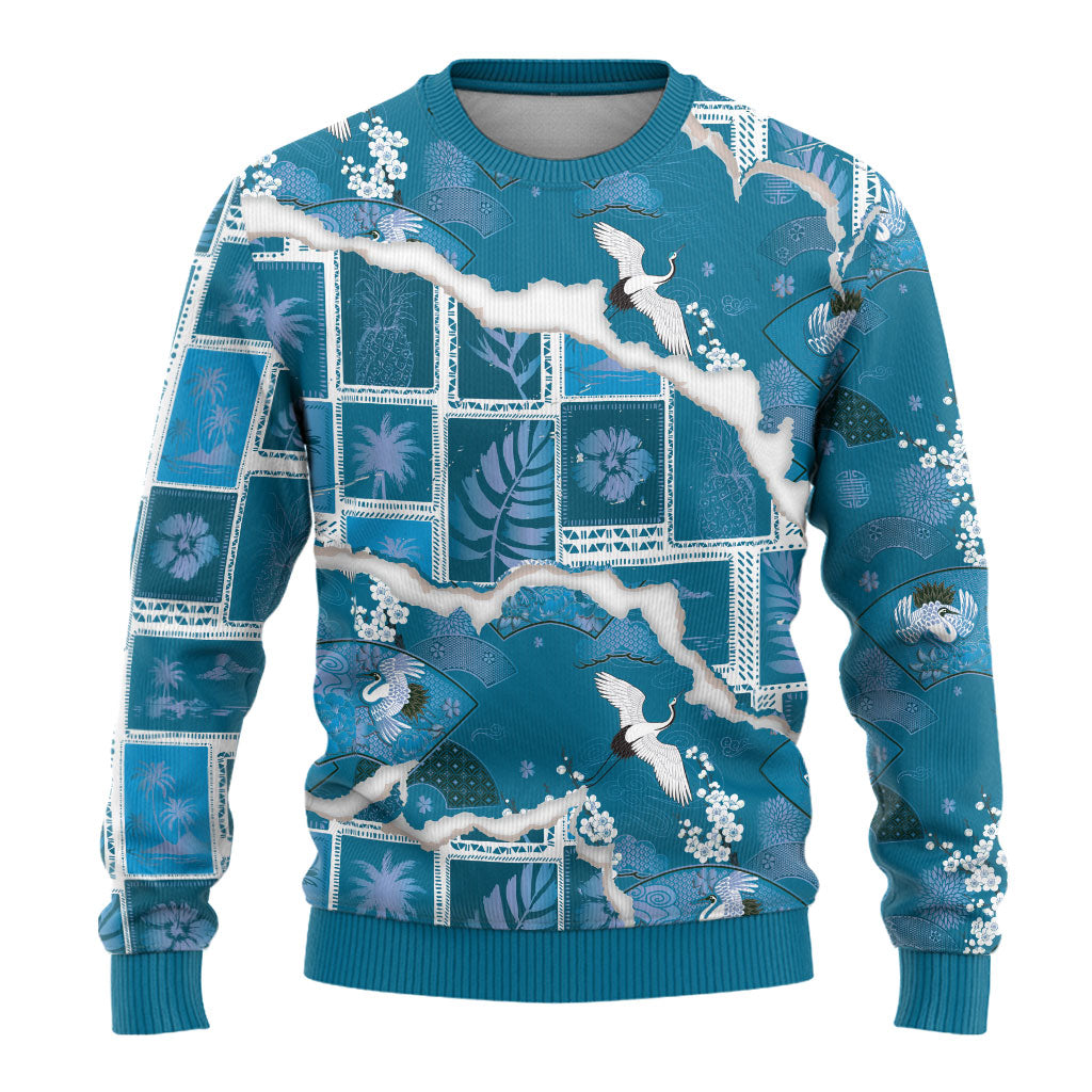 Hawaii Japanese Culture Blue Ugly Christmas Sweater Spring Cranes Aloha Pattern LT01 - Polynesian Pride