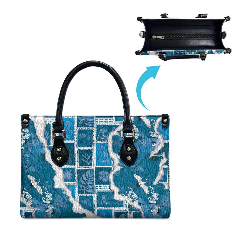 Hawaii Japanese Culture Blue Leather Bag Spring Cranes Aloha Pattern