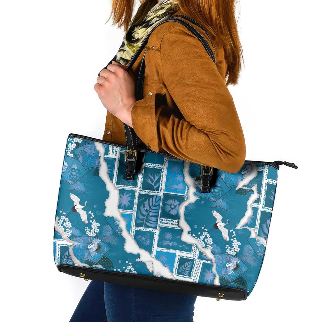 Hawaii Japanese Culture Blue Leather Tote Bag Spring Cranes Aloha Pattern LT01 Blue - Polynesian Pride