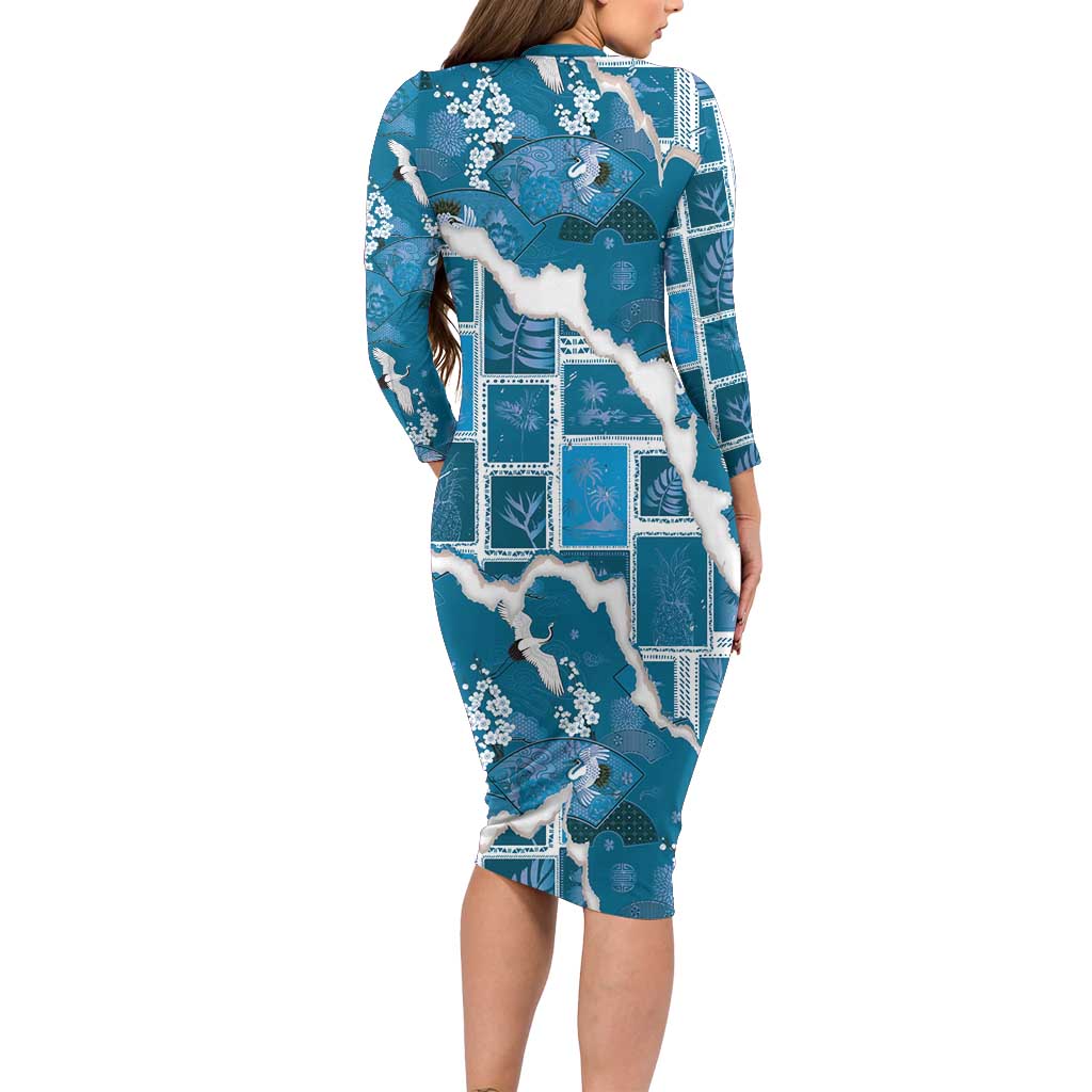 Hawaii Japanese Culture Blue Long Sleeve Bodycon Dress Spring Cranes Aloha Pattern