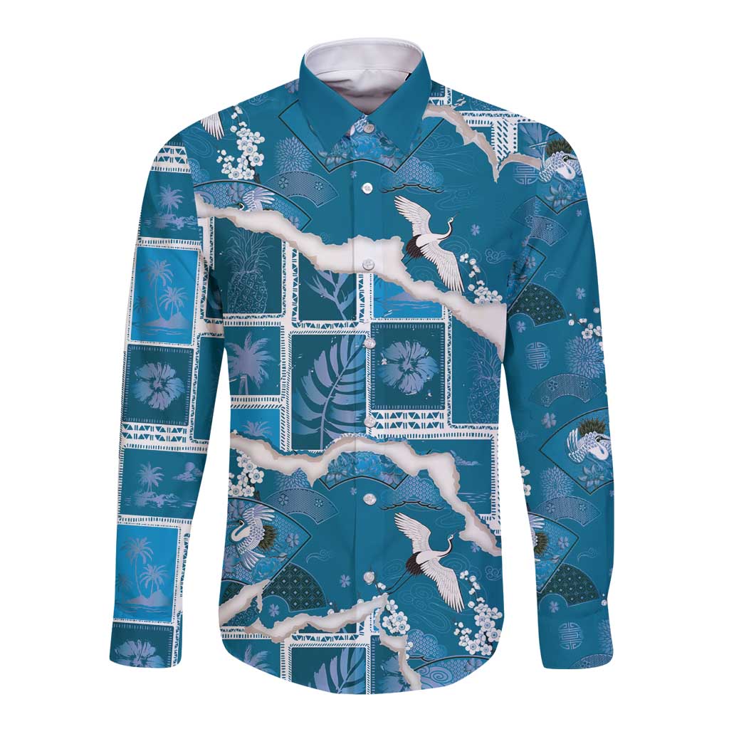 Hawaii Japanese Culture Blue Long Sleeve Button Shirt Spring Cranes Aloha Pattern