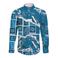 Hawaii Japanese Culture Blue Long Sleeve Button Shirt Spring Cranes Aloha Pattern