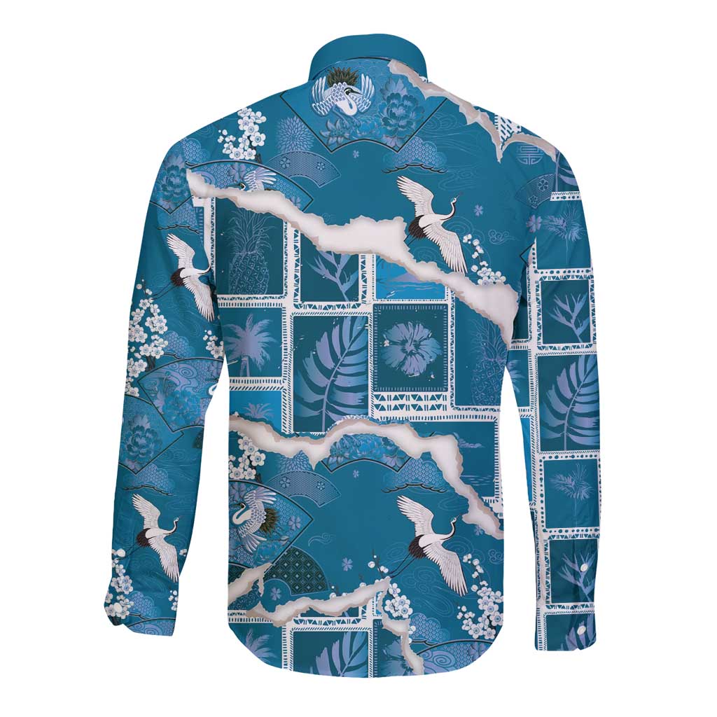 Hawaii Japanese Culture Blue Long Sleeve Button Shirt Spring Cranes Aloha Pattern