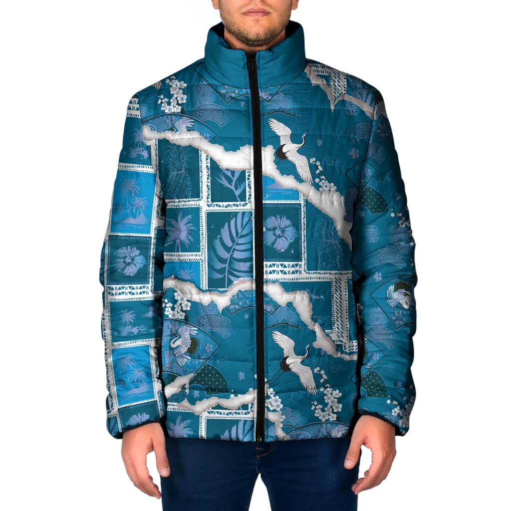 Hawaii Japanese Culture Blue Padded Jacket Spring Cranes Aloha Pattern LT01 Men Blue - Polynesian Pride