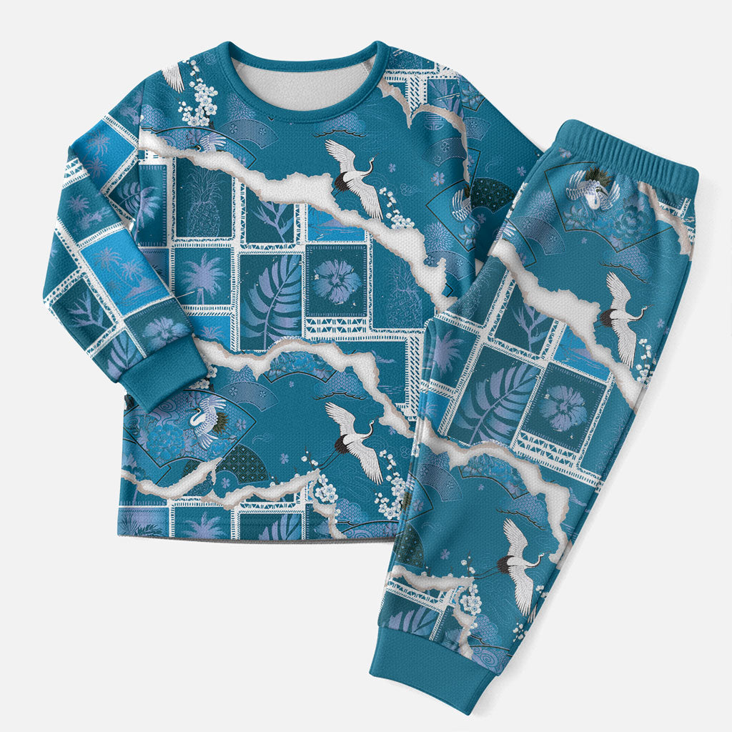 Hawaii Japanese Culture Blue Christmas Pajama Set Spring Cranes Aloha Pattern