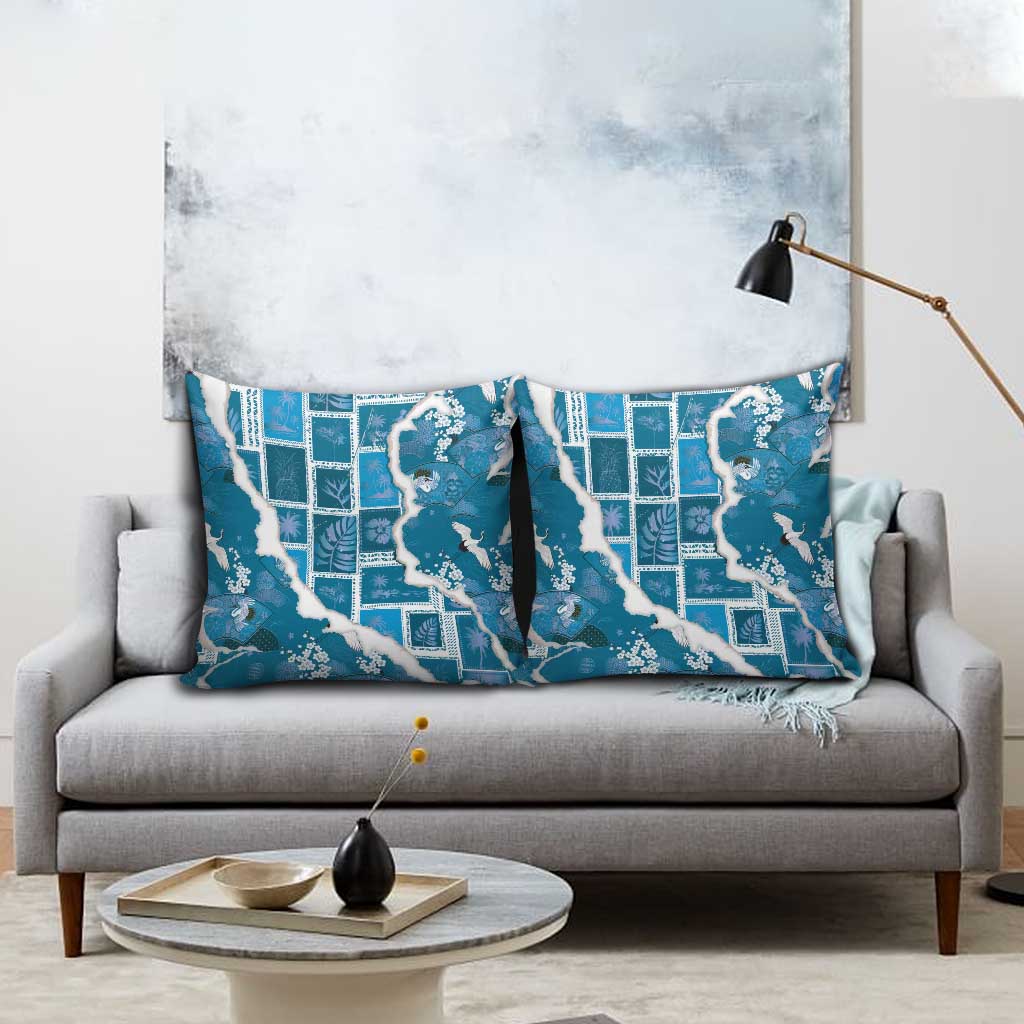 Hawaii Japanese Culture Blue Pillow Cover Spring Cranes Aloha Pattern