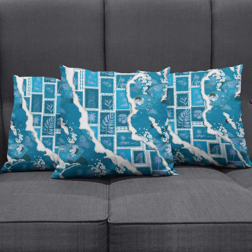 Hawaii Japanese Culture Blue Pillow Cover Spring Cranes Aloha Pattern