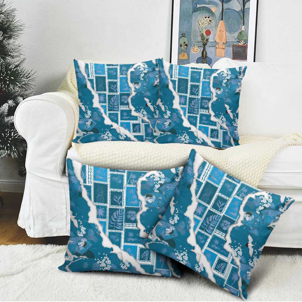 Hawaii Japanese Culture Blue Pillow Cover Spring Cranes Aloha Pattern