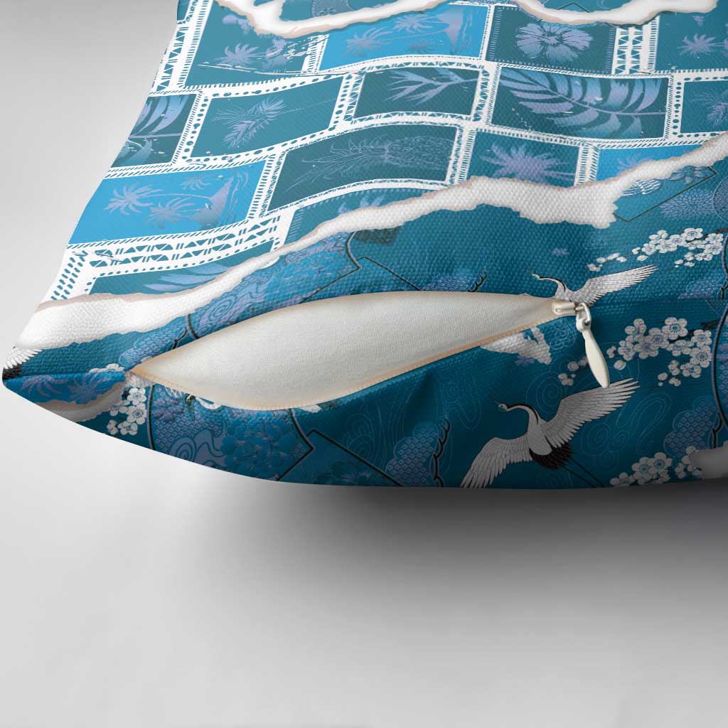 Hawaii Japanese Culture Blue Pillow Cover Spring Cranes Aloha Pattern