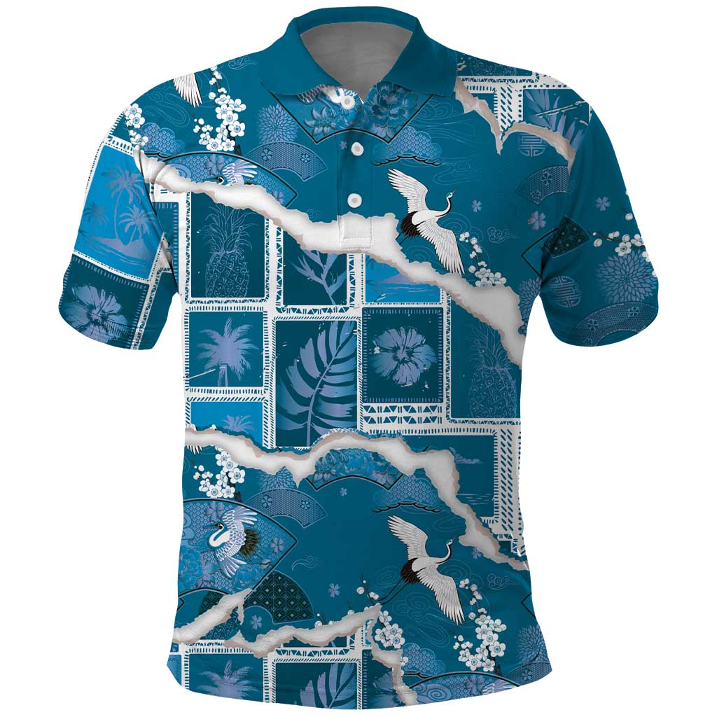 Hawaii Japanese Culture Blue Polo Shirt Spring Cranes Aloha Pattern LT01 Blue - Polynesian Pride