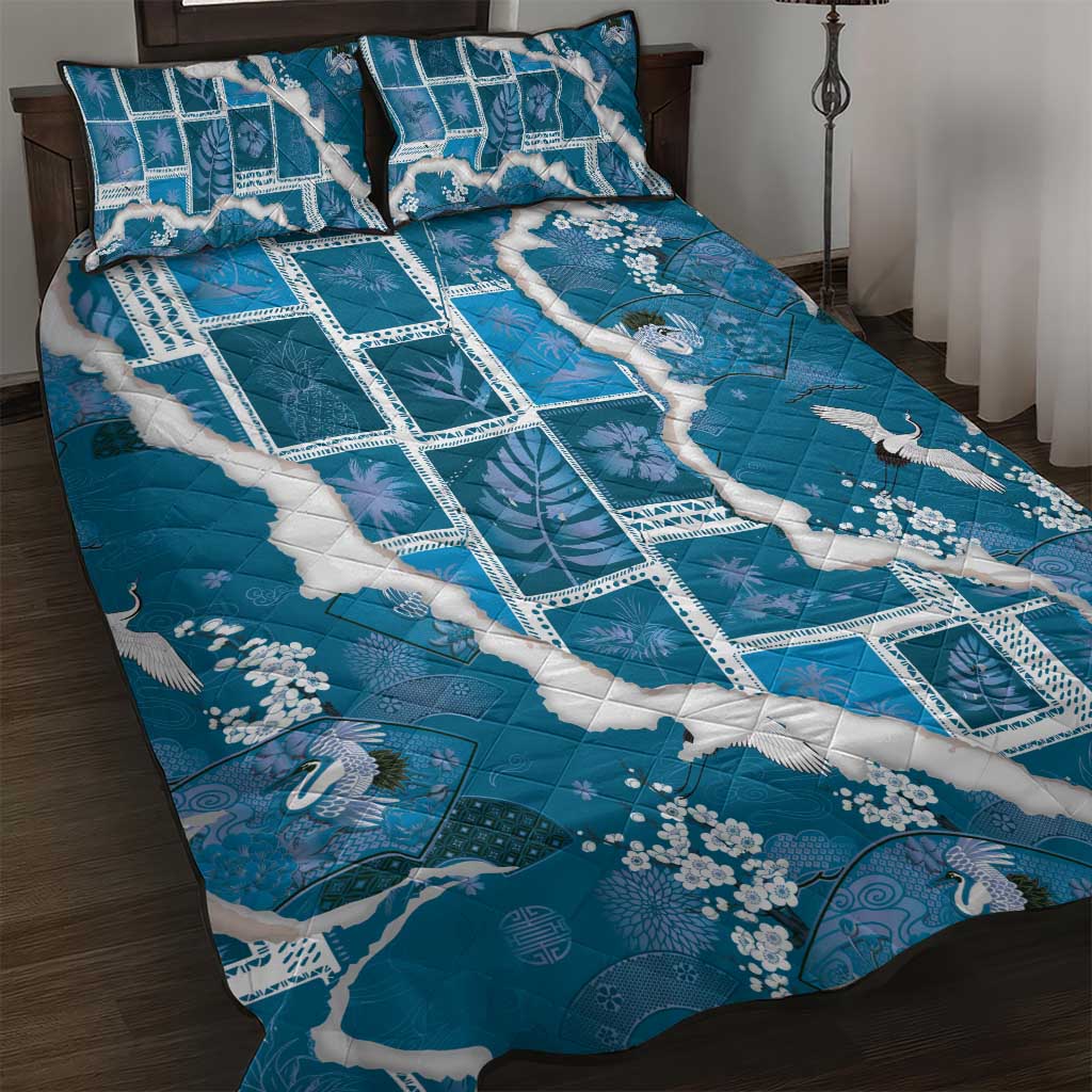 Hawaii Japanese Culture Blue Quilt Bed Set Spring Cranes Aloha Pattern