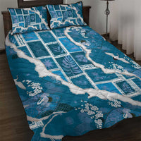 Hawaii Japanese Culture Blue Quilt Bed Set Spring Cranes Aloha Pattern