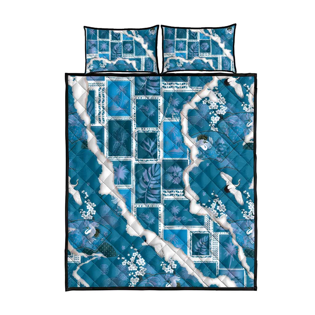 Hawaii Japanese Culture Blue Quilt Bed Set Spring Cranes Aloha Pattern