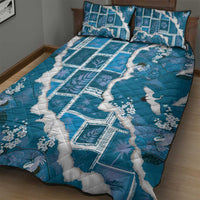 Hawaii Japanese Culture Blue Quilt Bed Set Spring Cranes Aloha Pattern