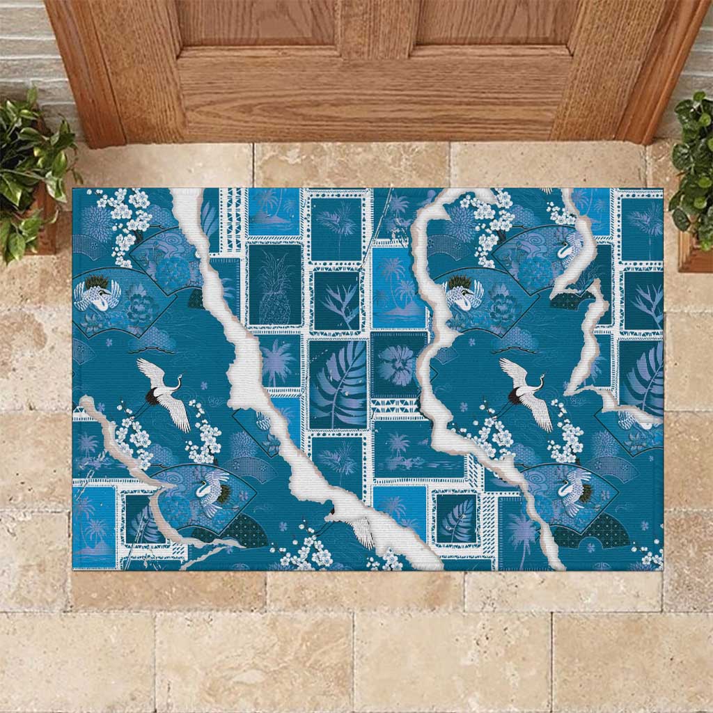 Hawaii Japanese Culture Blue Rubber Doormat Spring Cranes Aloha Pattern