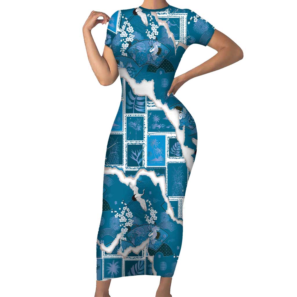 Hawaii Japanese Culture Blue Short Sleeve Bodycon Dress Spring Cranes Aloha Pattern LT01 Long Dress Blue - Polynesian Pride