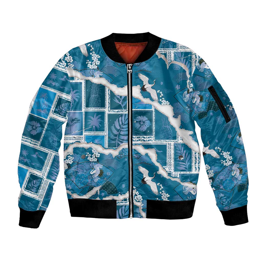 Hawaii Japanese Culture Blue Sleeve Zip Bomber Jacket Spring Cranes Aloha Pattern