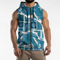 Hawaii Japanese Culture Blue Sleeveless Zip Hoodie Spring Cranes Aloha Pattern