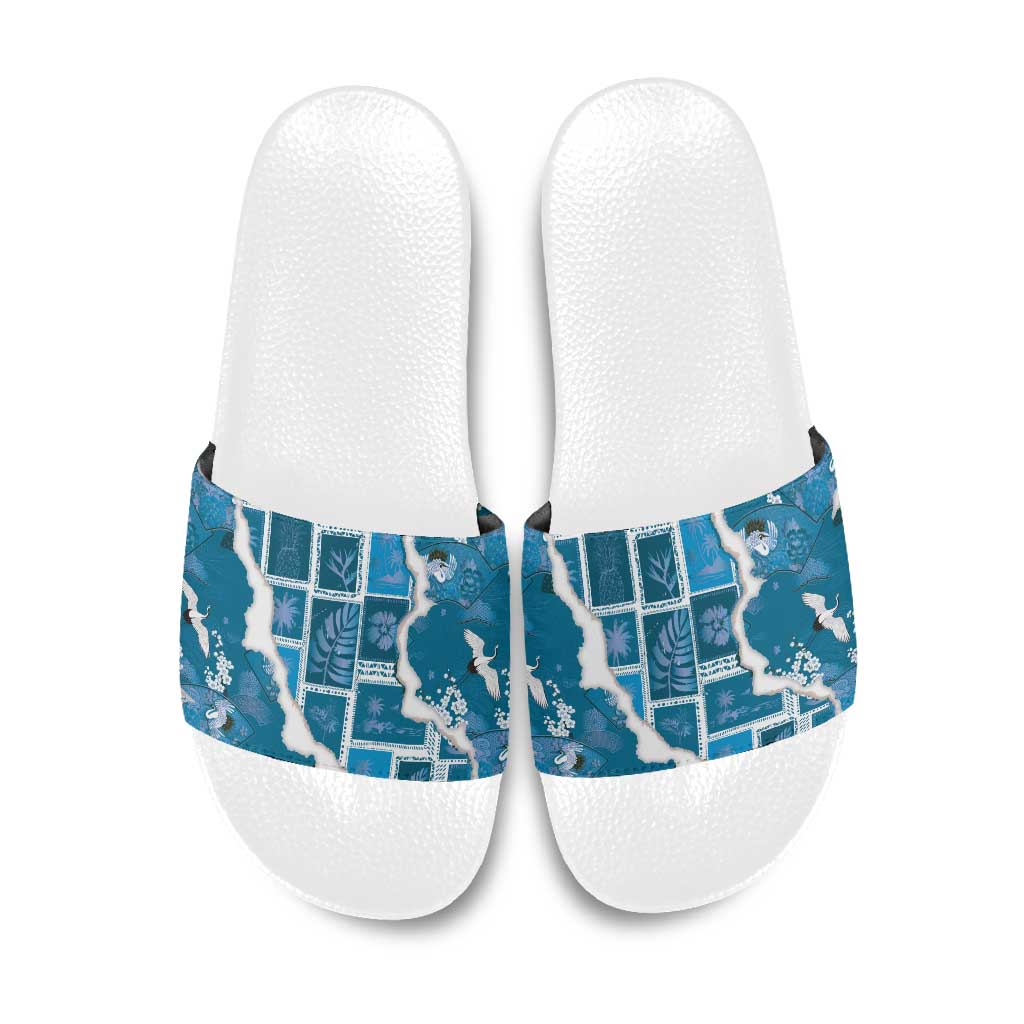 Hawaii Japanese Culture Blue Slide Sandals Spring Cranes Aloha Pattern