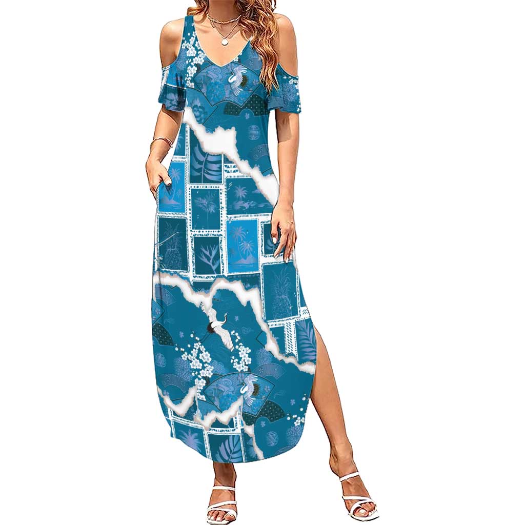 Hawaii Japanese Culture Blue Summer Maxi Dress Spring Cranes Aloha Pattern LT01 Women Blue - Polynesian Pride
