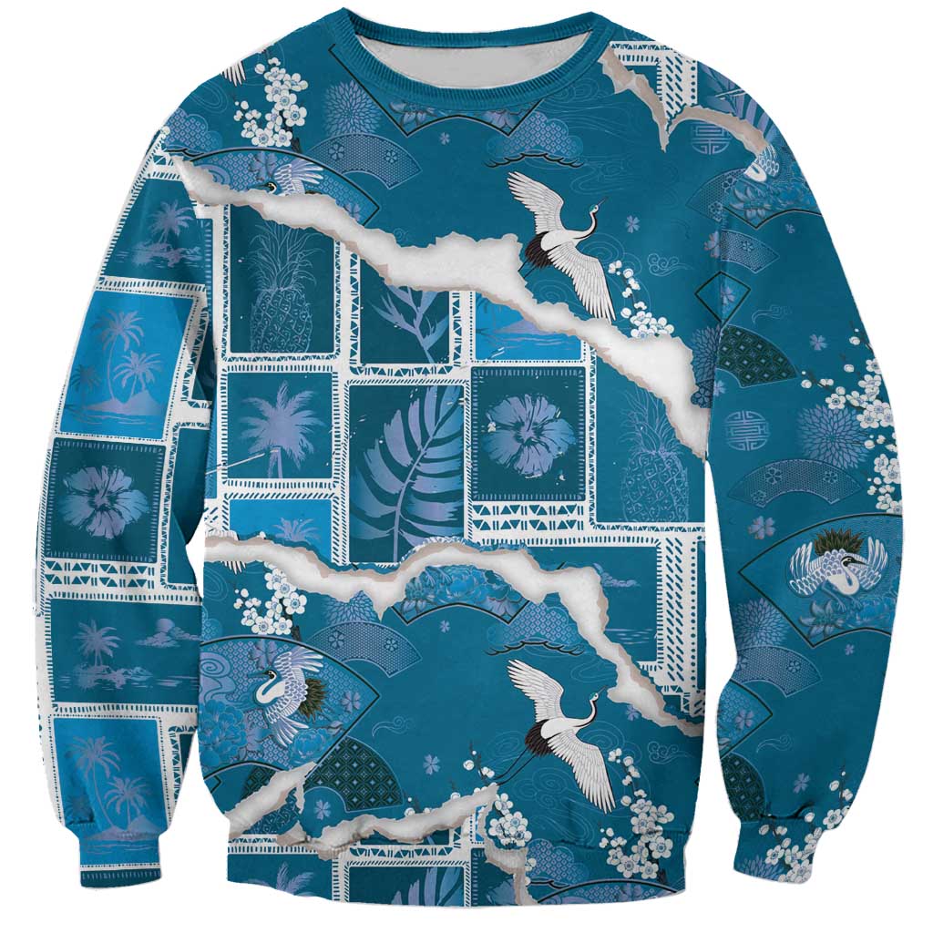 Hawaii Japanese Culture Blue Sweatshirt Spring Cranes Aloha Pattern LT01 Unisex Blue - Polynesian Pride