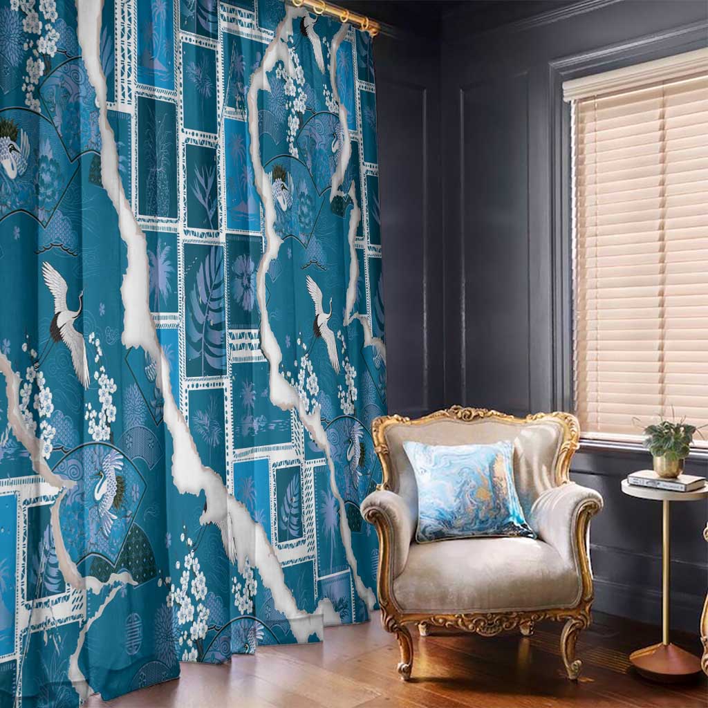 Hawaii Japanese Culture Blue Window Curtain Spring Cranes Aloha Pattern