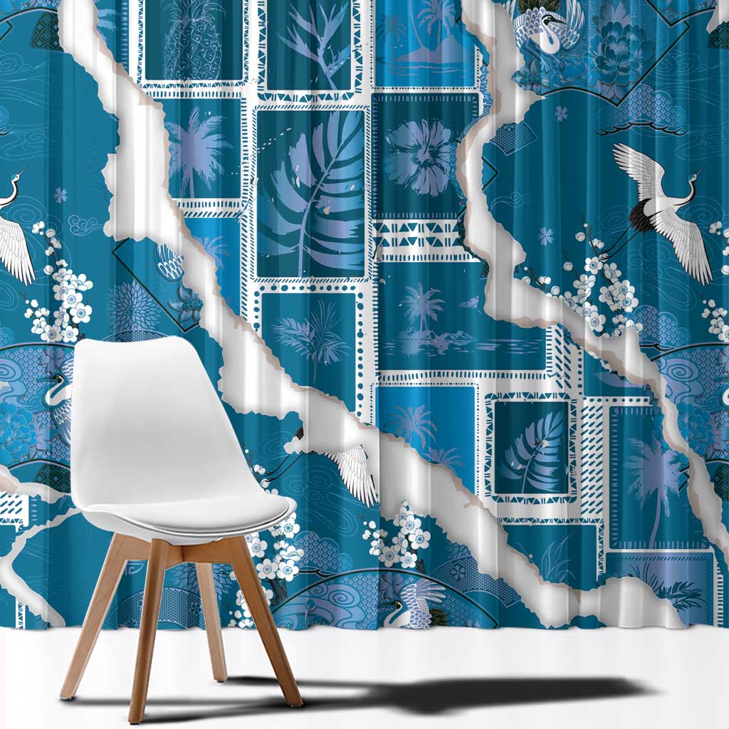 Hawaii Japanese Culture Blue Window Curtain Spring Cranes Aloha Pattern