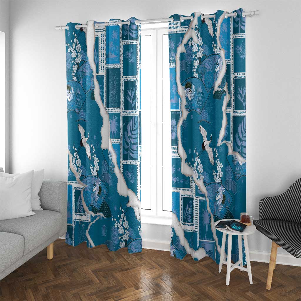Hawaii Japanese Culture Blue Window Curtain Spring Cranes Aloha Pattern