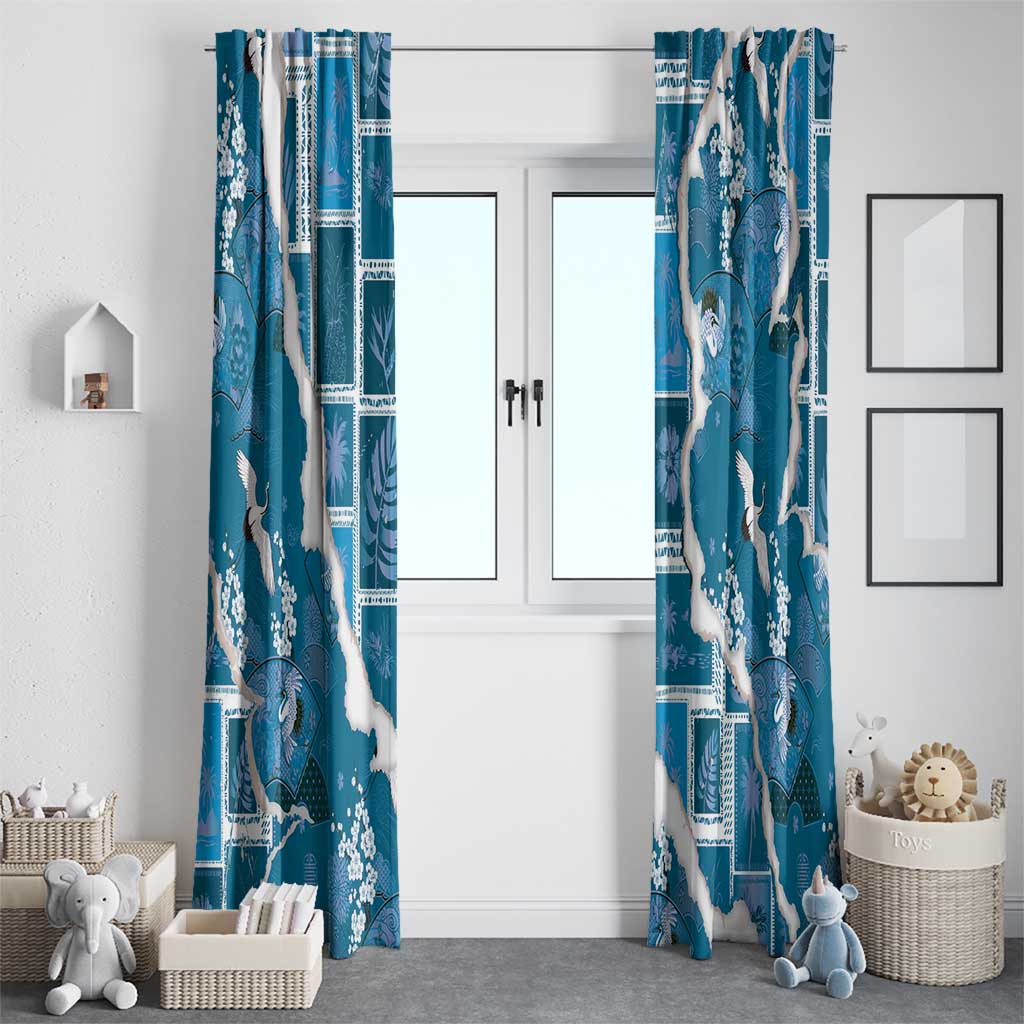 Hawaii Japanese Culture Blue Window Curtain Spring Cranes Aloha Pattern
