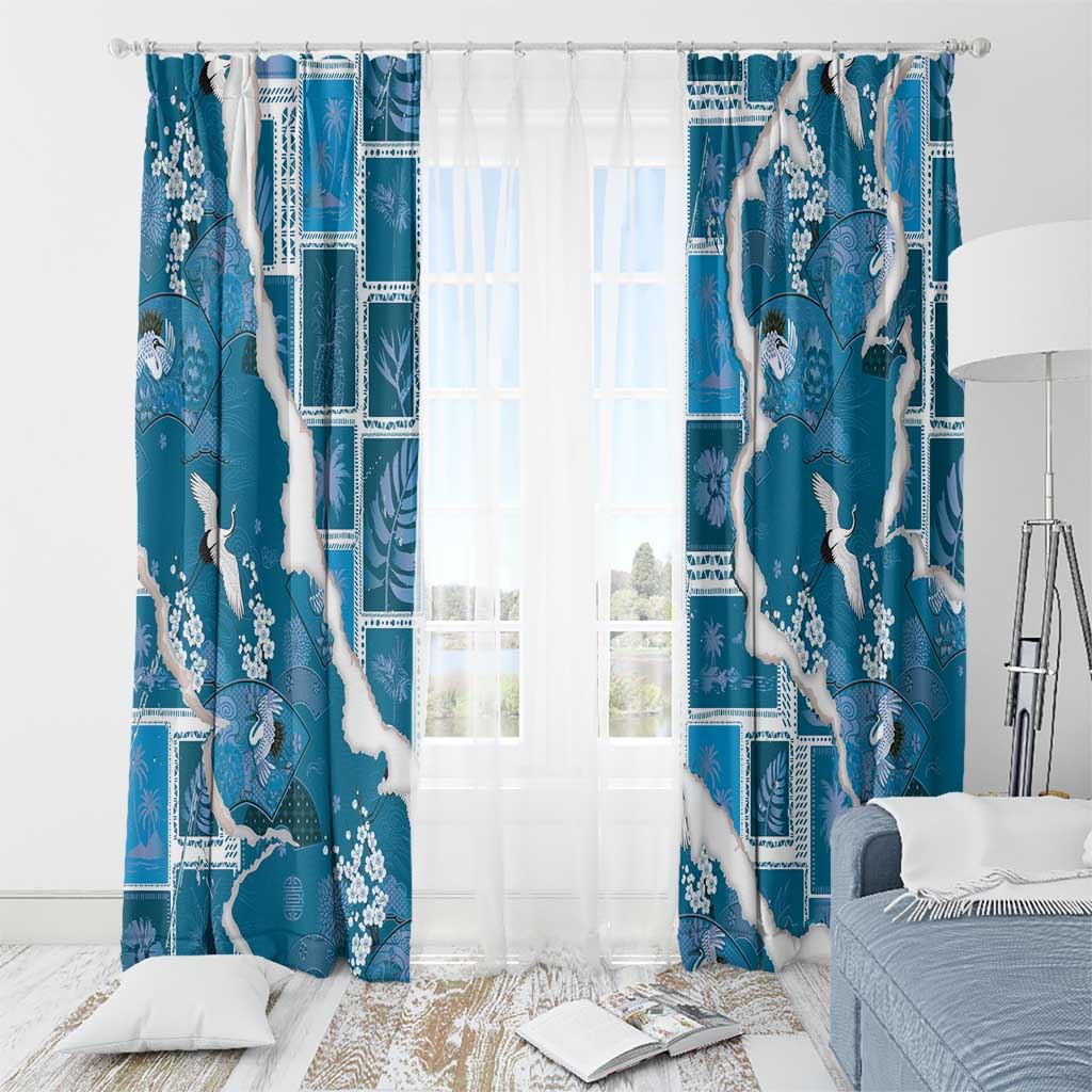 Hawaii Japanese Culture Blue Window Curtain Spring Cranes Aloha Pattern