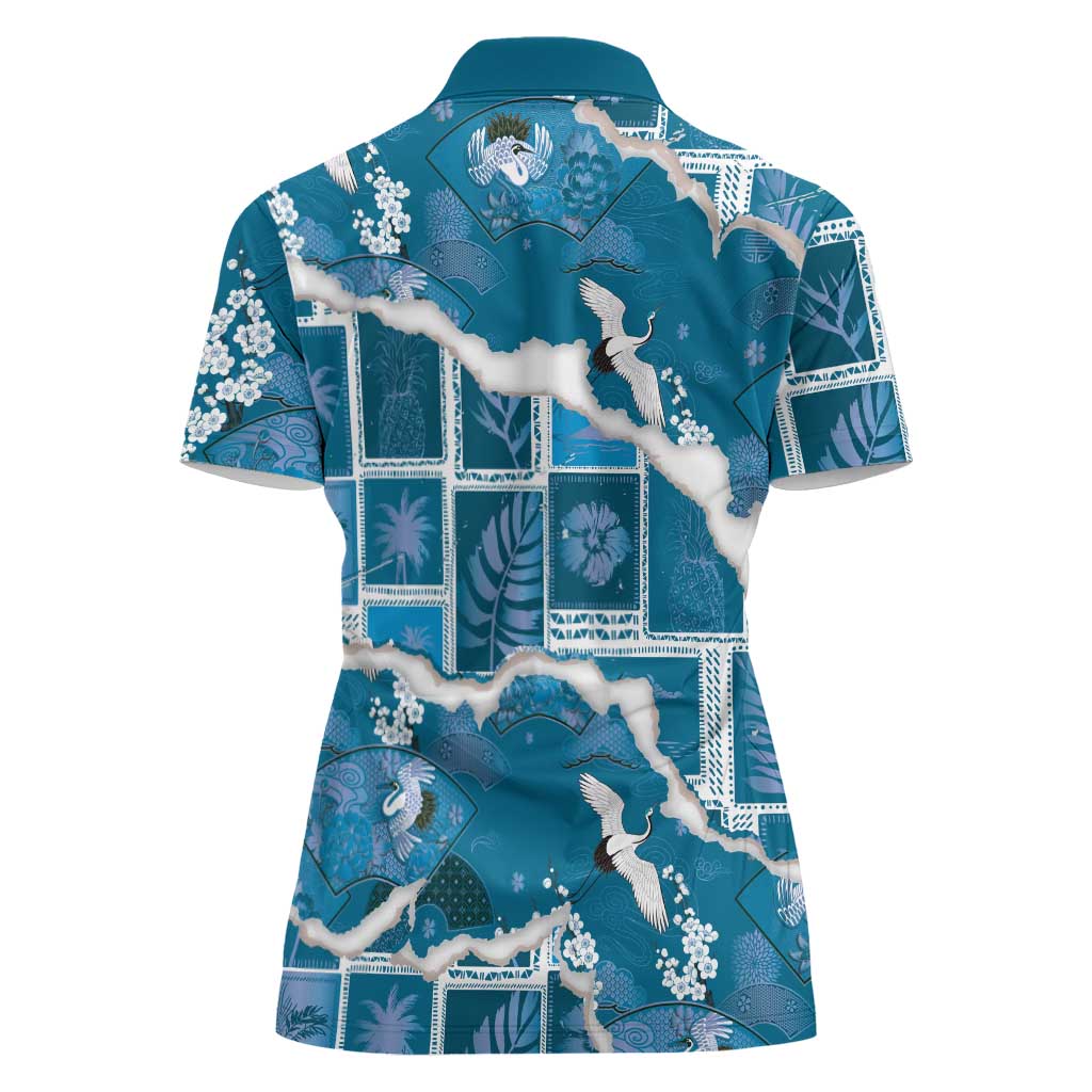 Hawaii Japanese Culture Blue Women Polo Shirt Spring Cranes Aloha Pattern LT01 - Polynesian Pride