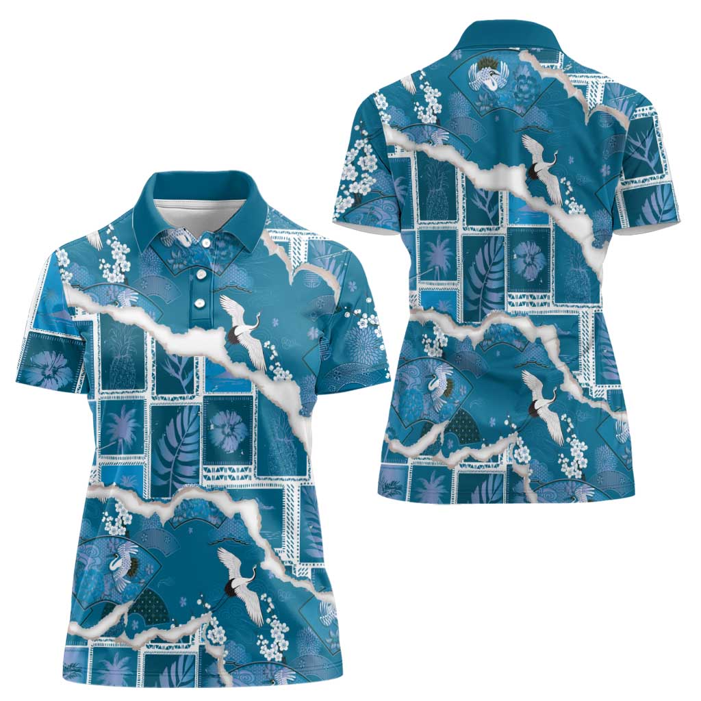 Hawaii Japanese Culture Blue Women Polo Shirt Spring Cranes Aloha Pattern LT01 - Polynesian Pride