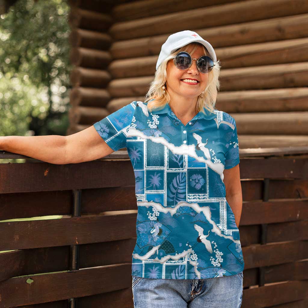 Hawaii Japanese Culture Blue Women Polo Shirt Spring Cranes Aloha Pattern LT01 - Polynesian Pride