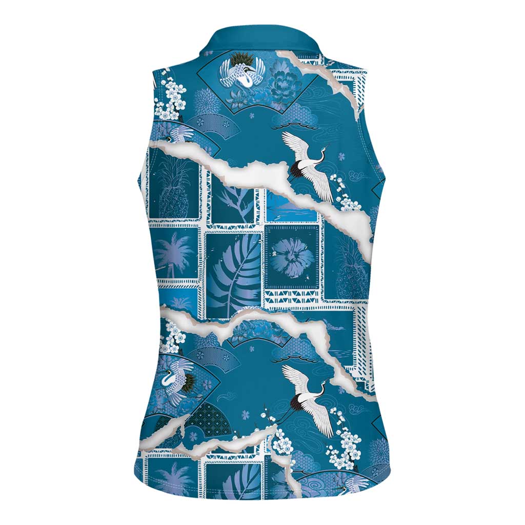 Hawaii Japanese Culture Blue Women Sleeveless Polo Shirt Spring Cranes Aloha Pattern