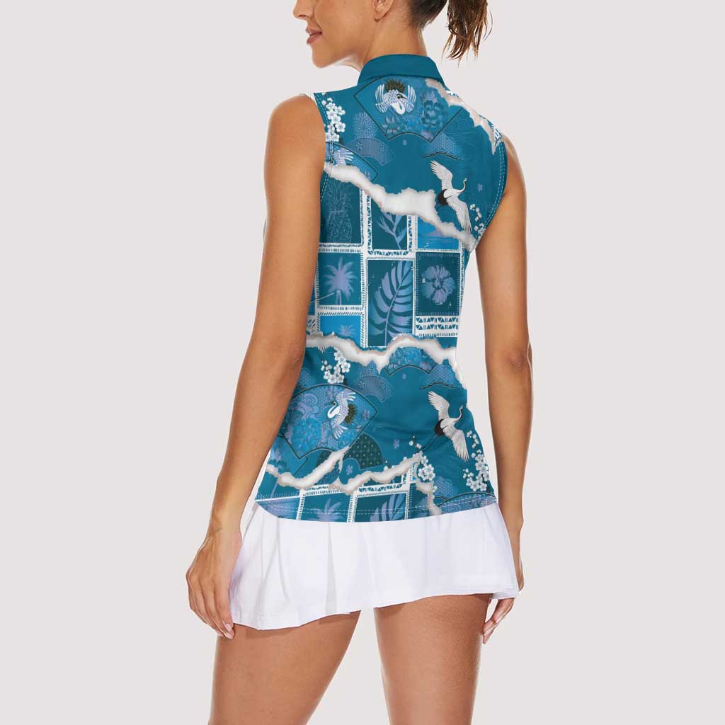 Hawaii Japanese Culture Blue Women Sleeveless Polo Shirt Spring Cranes Aloha Pattern