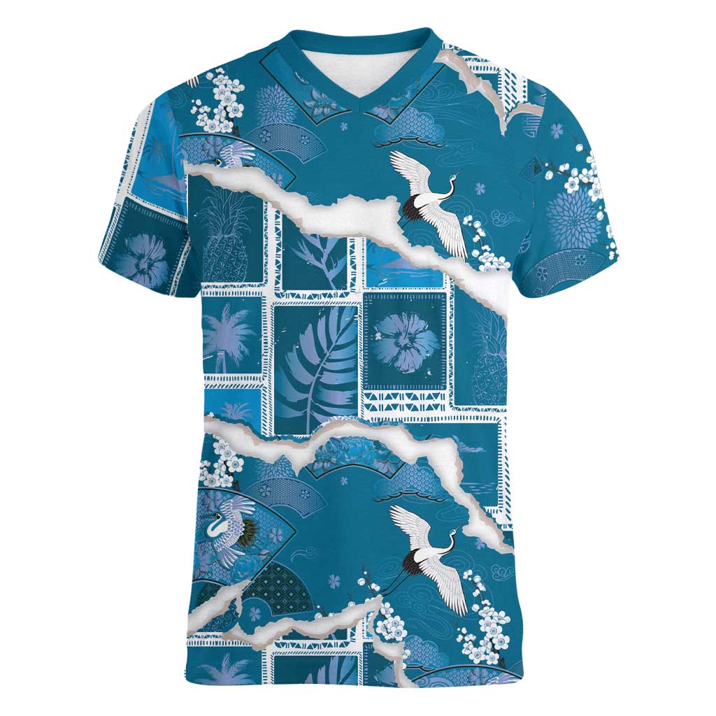 Hawaii Japanese Culture Blue Women V-Neck T-Shirt Spring Cranes Aloha Pattern LT01 Female Blue - Polynesian Pride