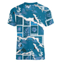 Hawaii Japanese Culture Blue Women V-Neck T-Shirt Spring Cranes Aloha Pattern
