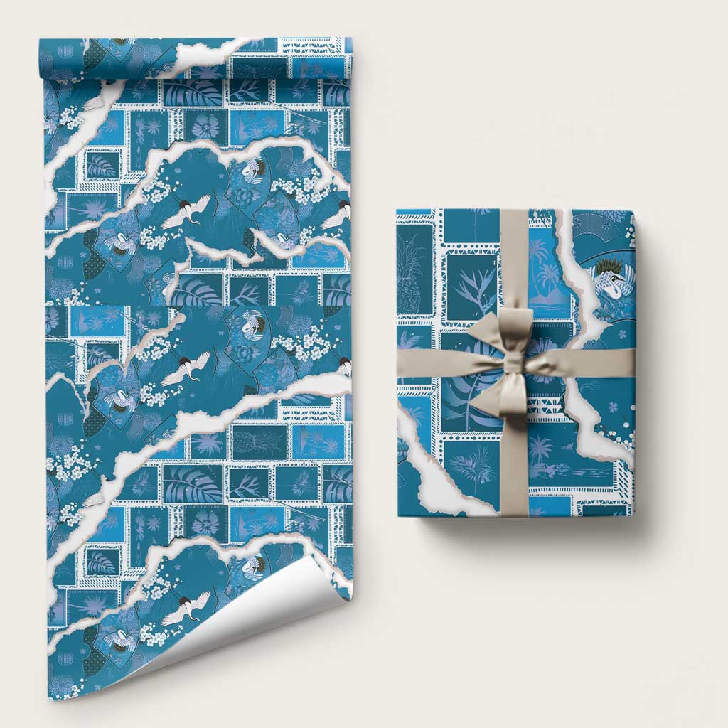 Hawaii Japanese Culture Blue Wrapping Paper Spring Cranes Aloha Pattern