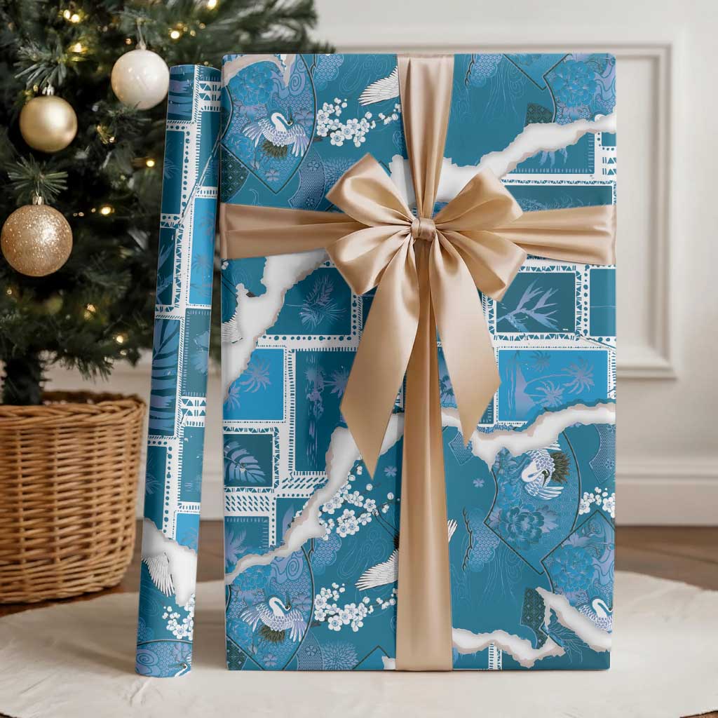 Hawaii Japanese Culture Blue Wrapping Paper Spring Cranes Aloha Pattern