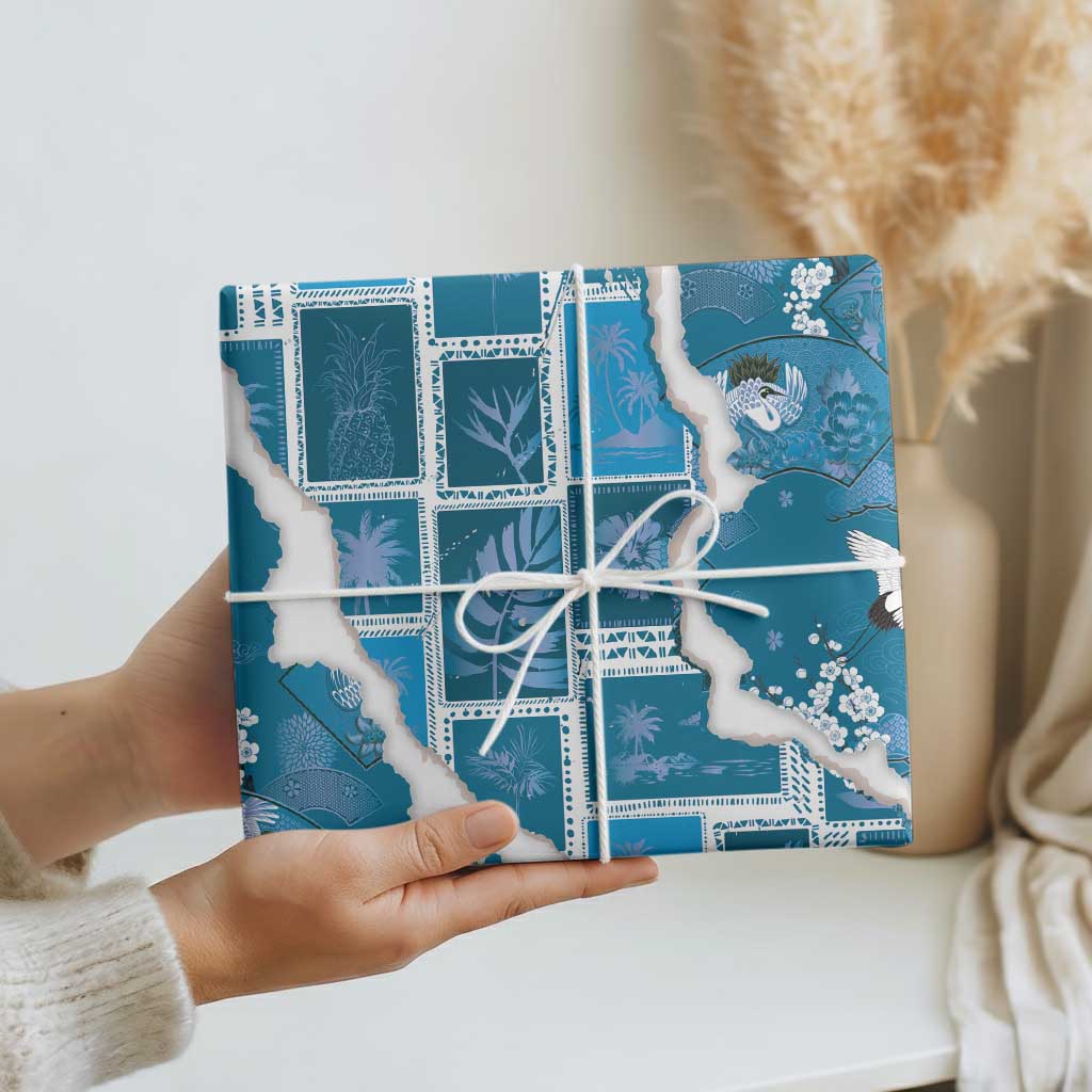 Hawaii Japanese Culture Blue Wrapping Paper Spring Cranes Aloha Pattern